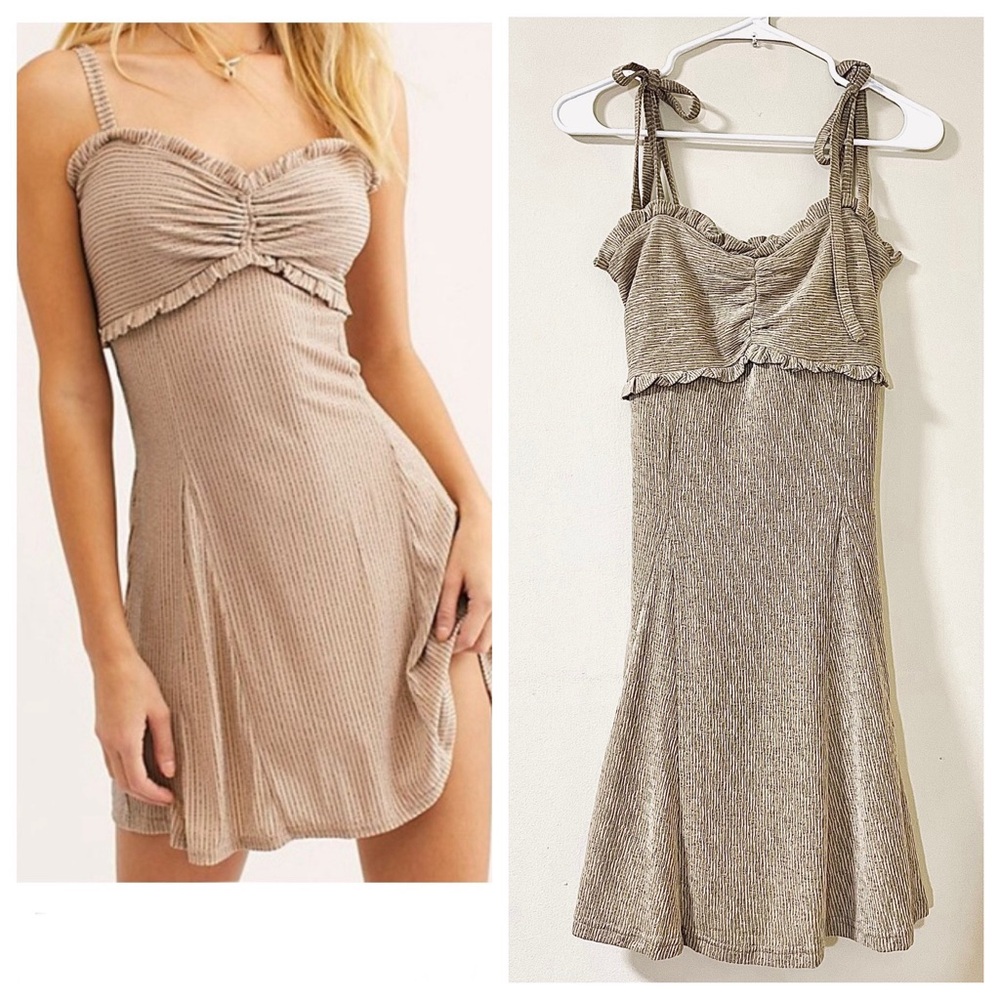 Tan Ribbed Mini Dress with Ruffle Detail Size S